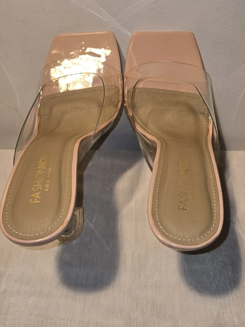 Fashion Nova Nude Clear Strap Mule Heels
